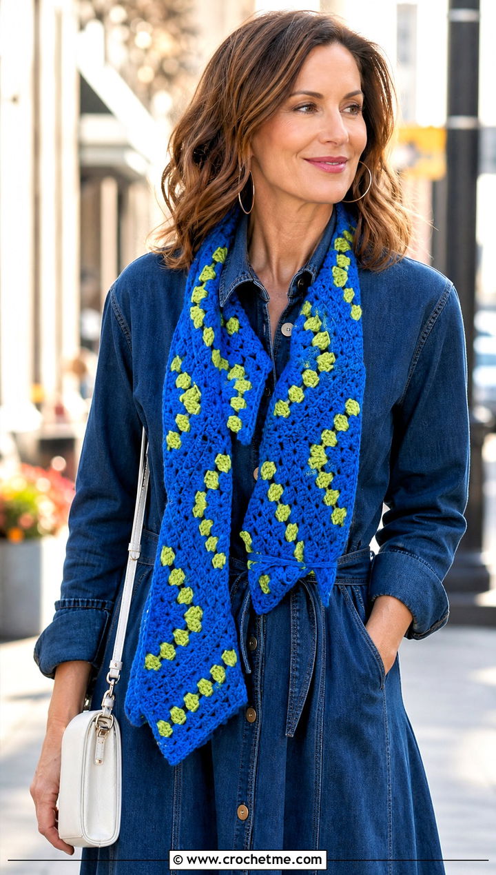 Granny Stripe Crochet Zig Zag Scarf With Shirt Dress - 20 Crochet Zig Zag Scarf outfit ideas