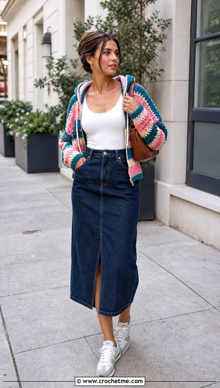 Granny Stripe Crochet Zip Up Hoodie With Denim Midi Skirt - 30 crochet zip up hoodie outfit ideas