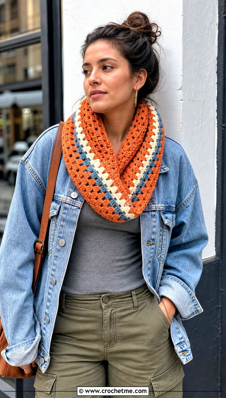 Granny Stripe Crocheted Infinity Scarf With Denim Jacket and Cargo Pants - 15 Easy Crocheted Infinity Scarf outfit ideas