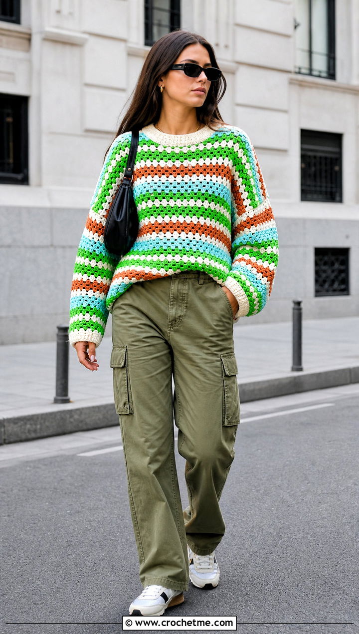 Granny Stripe Crocheted Sweater With Utility Cargo Pants - 20 Crocheted Striped Sweater outfit ideas
