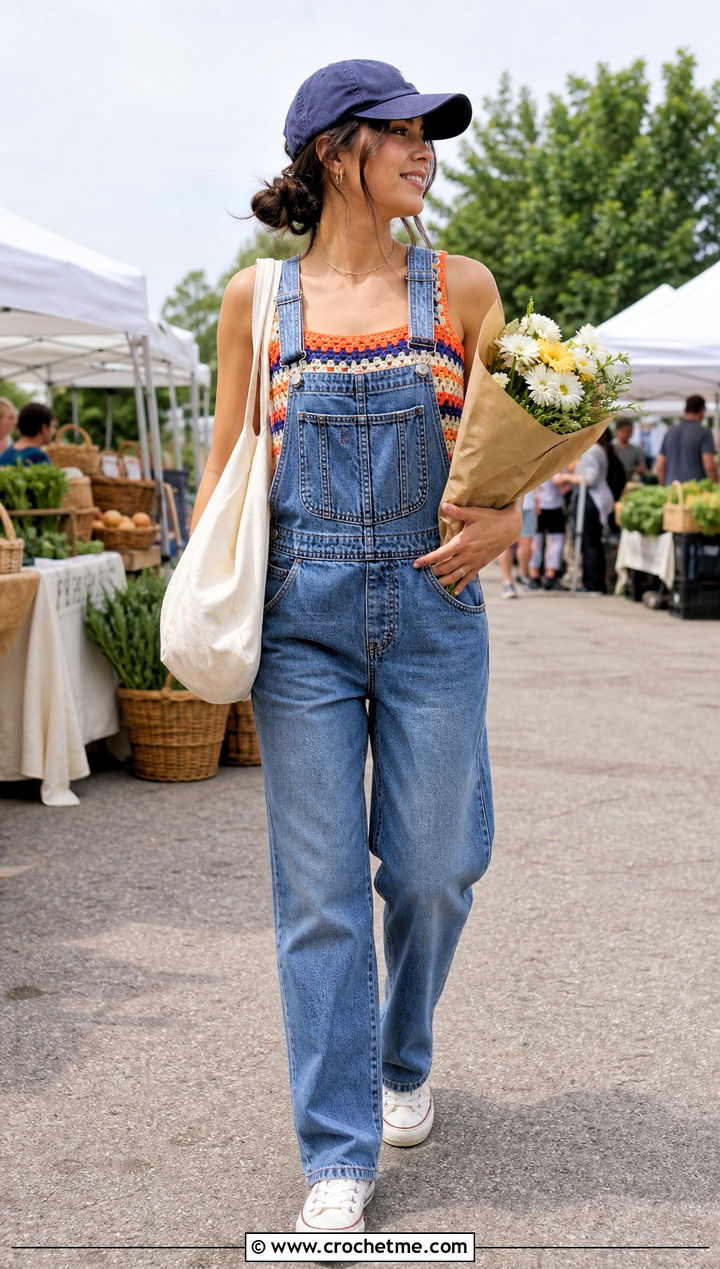 Granny Stripe Crop Top With Denim Overalls - 25 Crochet Granny Crop Top outfit ideas
