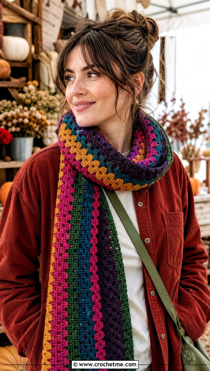 Granny Stripe Doctor Who Crochet Scarf With Corduroy Overshirt - 25 Doctor Who Crochet Scarf outfit ideas