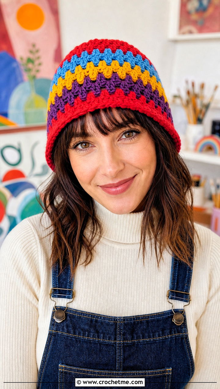 Granny Stripe Double Crochet Hat With Overalls - 15 simple double crochet hat outfit ideas