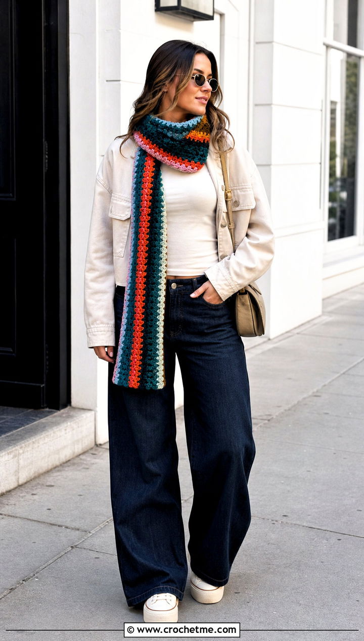 Granny Stripe Double Crochet Scarf With Wide Leg Jeans - 35 double crochet scarf outfit ideas