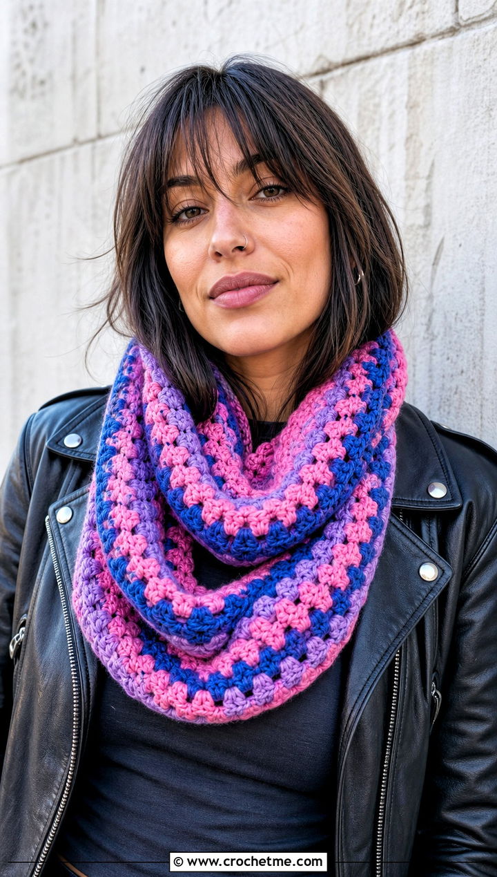 Granny Stripe Double Length Crochet Cowl With Leather Jacket - 15 Double Length Crochet Cowl outfit ideas