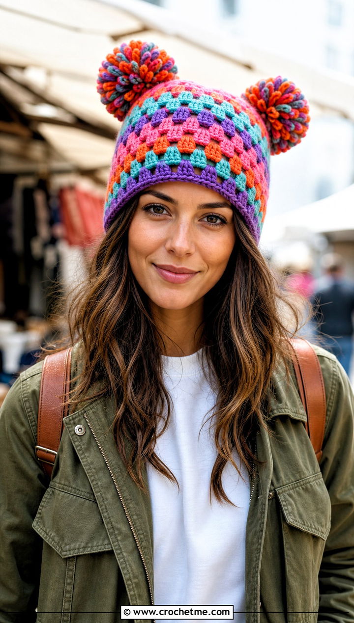 Granny Stripe Double Pompom Crochet Hat With Utility Jacket - 25 Double Pompom Crochet Hat outfit ideas