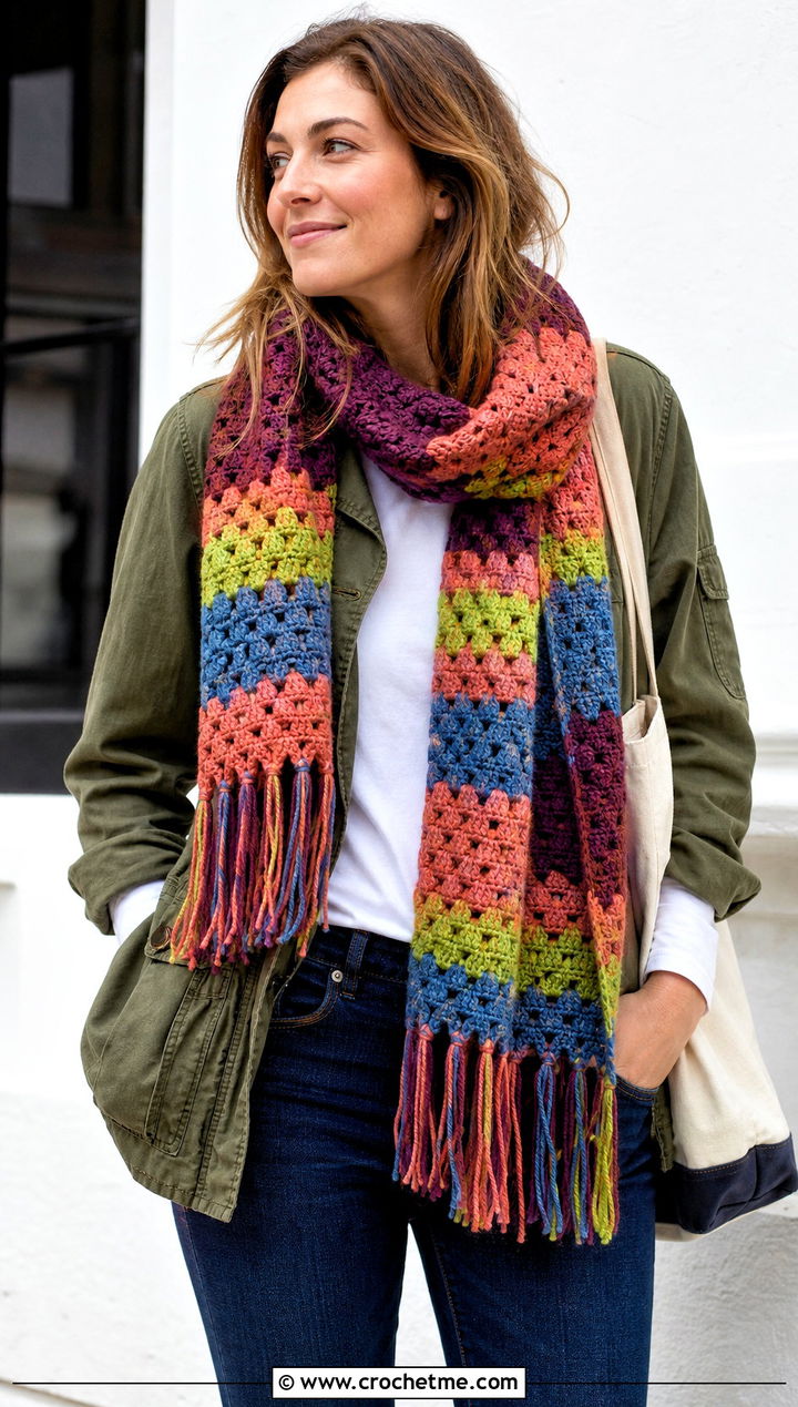 Granny Stripe Fringe Scarf With Utility Jacket - 25 Crochet Scarf Fringe Ideas