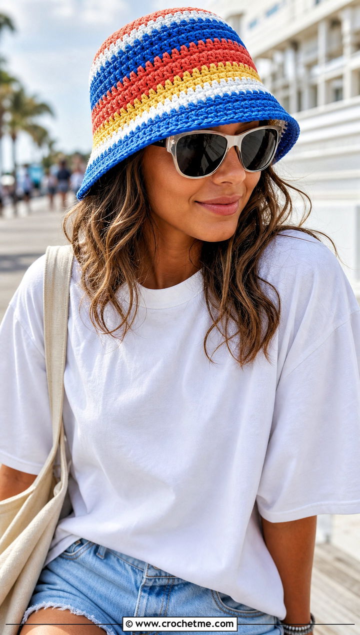 Granny Stripe HDC Bucket Hat With T Shirt And Denim Shorts - 20 hdc crochet hat outfit ideas