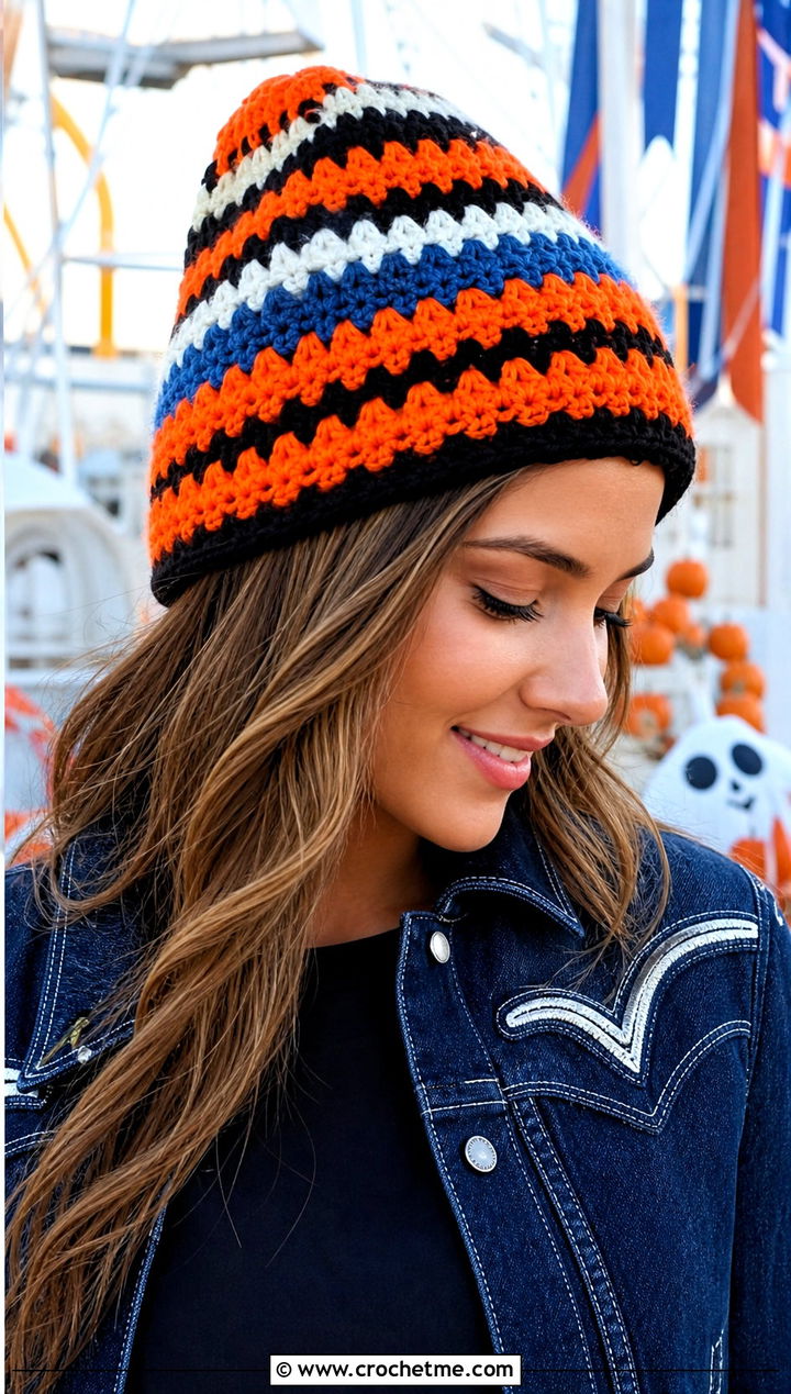 Granny Stripe Halloween Beanie With Western Jacket - 25 Halloween Crochet Beanies outfit ideas