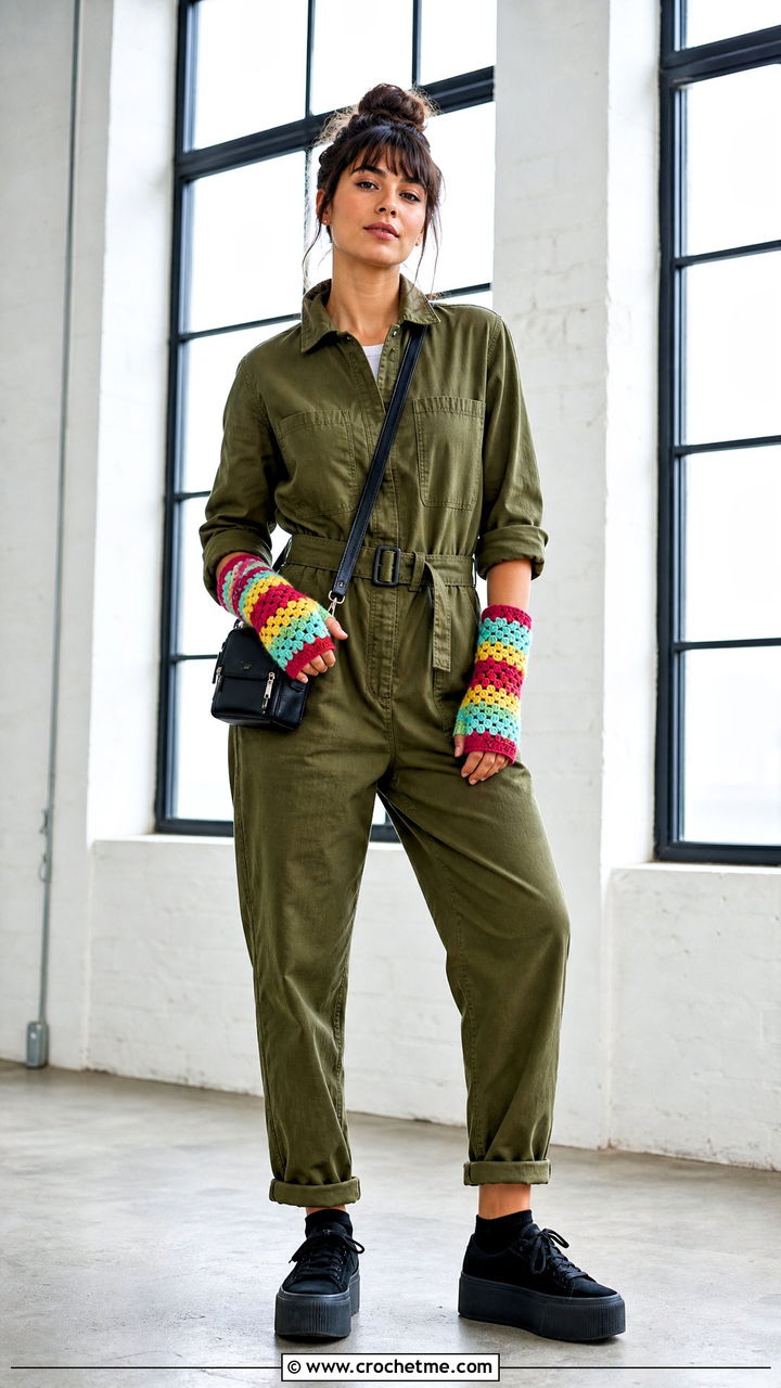 Granny Stripe Handwarmers With Utility Jumpsuit - 35 Crochet Handwarmer outfit ideas