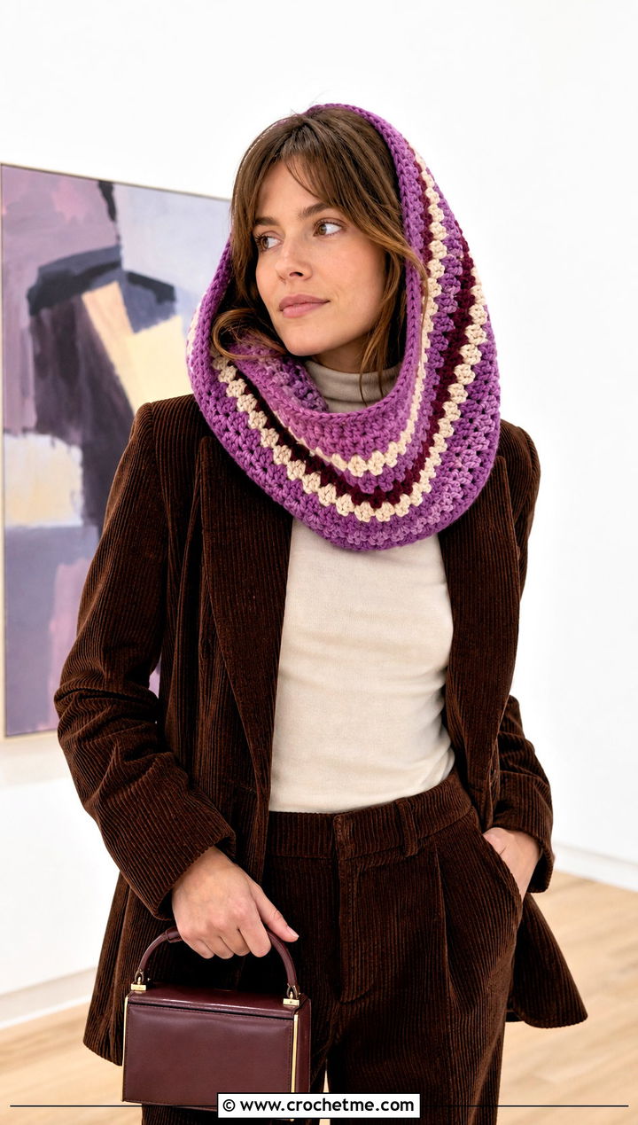 Granny Stripe Hooded Crochet Cowl Snood With Corduroy Suit - 25 hooded crochet cowl snood outfit ideas