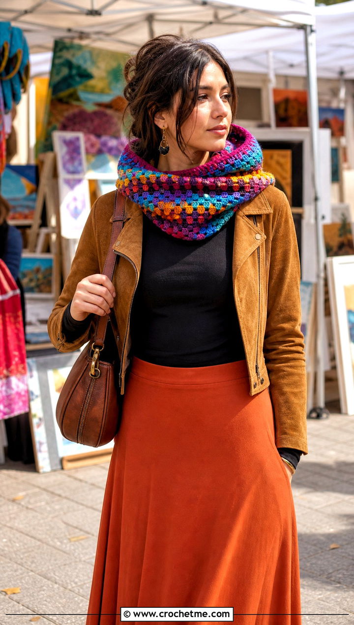 Granny Stripe Hooded Crochet Snood Scarf With Maxi Skirt - 25 snood crochet scarf outfit ideas