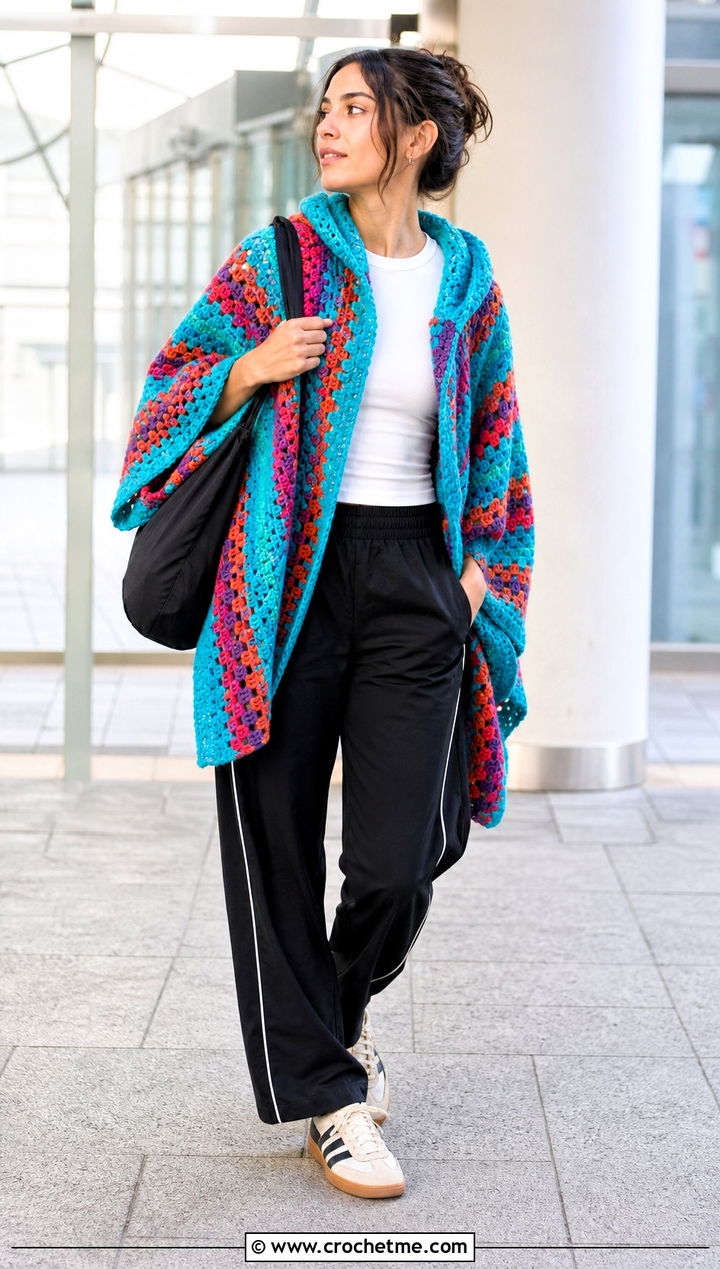 Granny Stripe Hooded Poncho With Track Pants - 35 Crochet Hooded Poncho outfit ideas