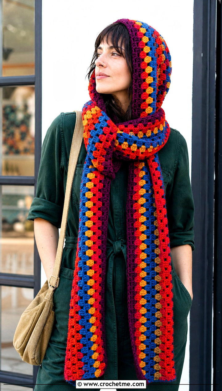 Granny Stripe Hooded Scarf With Boiler Suit - 25 Crochet Hoodie Scarf outfit ideas