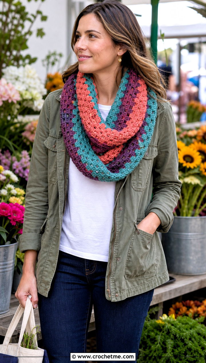 Granny Stripe Infinity Scarf With Utility Jacket - 15 One Skein Crochet Infinity Scarf outfit ideas