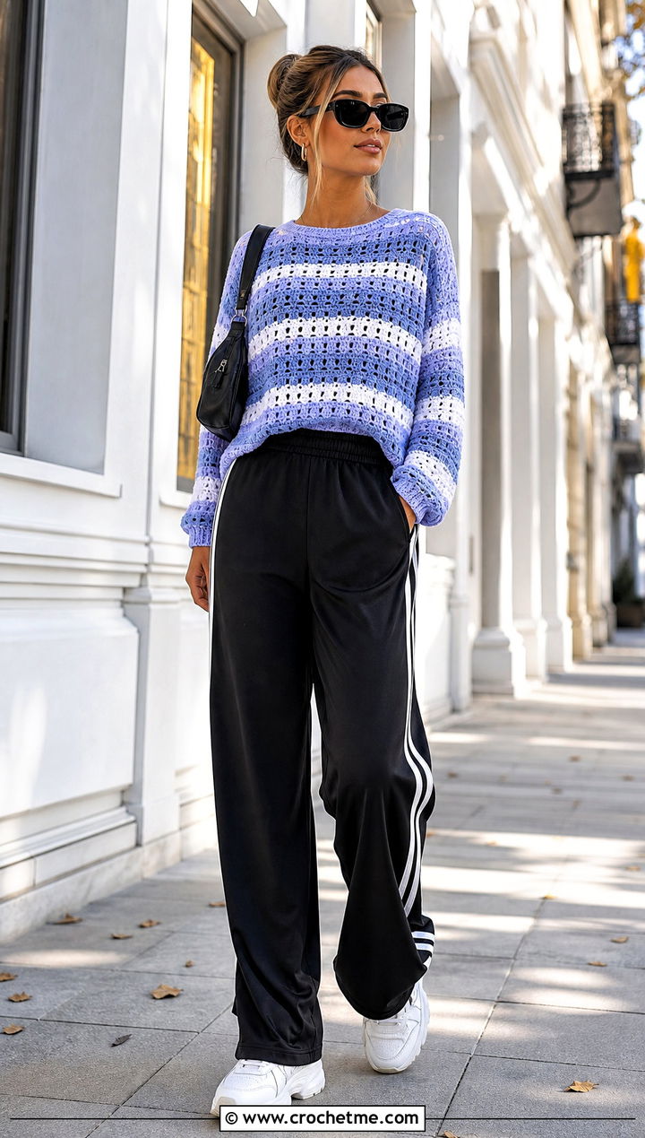 Granny Stripe Jumper With Track Pants - 25 Crochet Granny Jumper outfit ideas