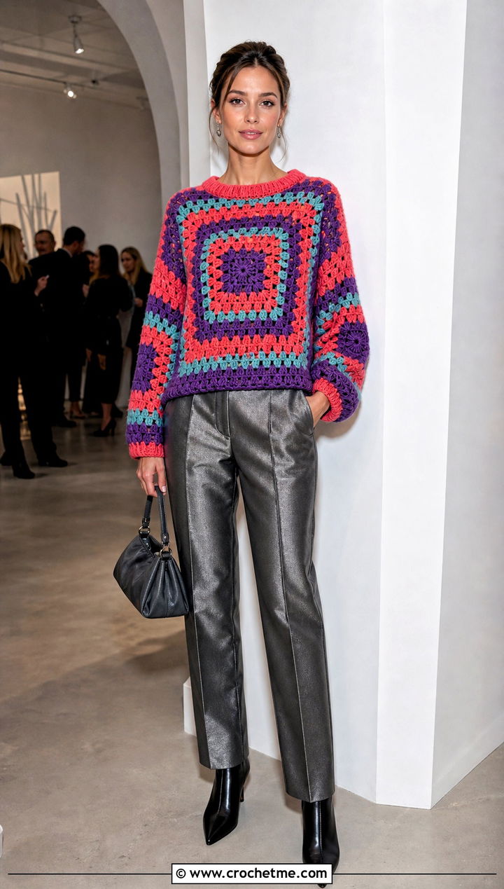 Granny Stripe Large Square Sweater With Metallic Pants - 35 large granny square sweater outfit ideas