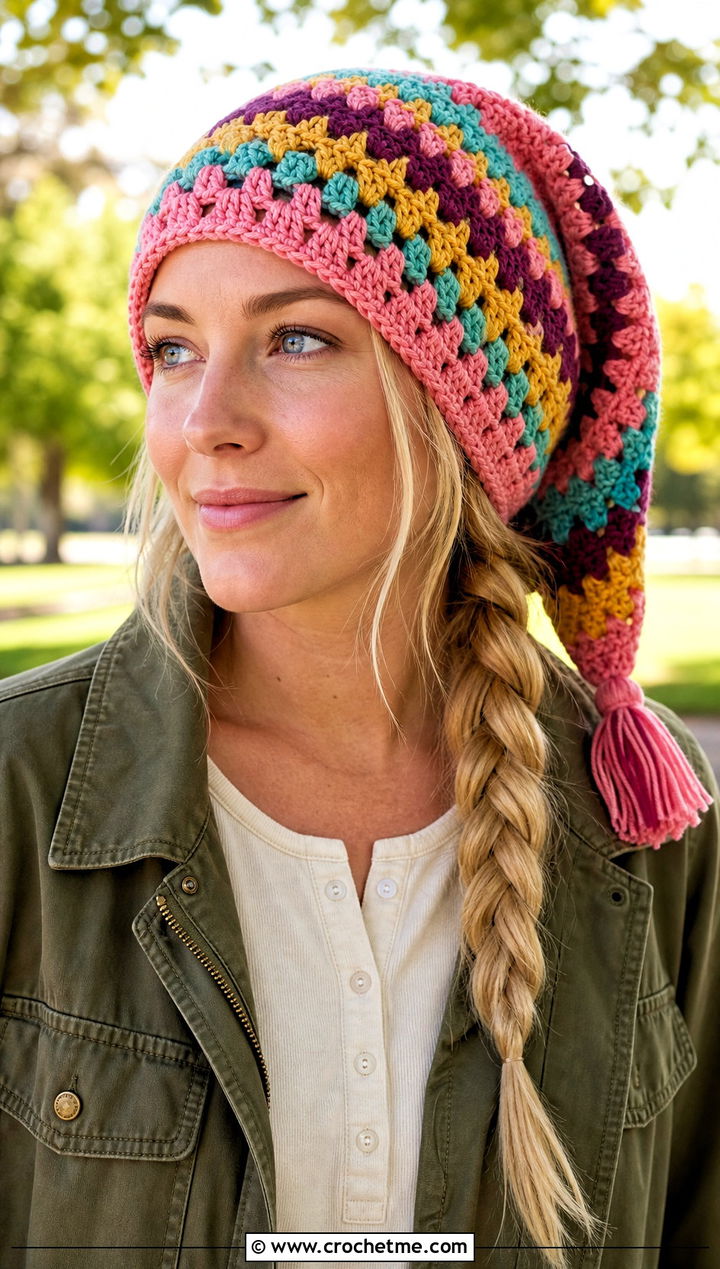 Granny Stripe Long Crochet Hat With Utility Jacket - 30 crochet long hat outfit ideas