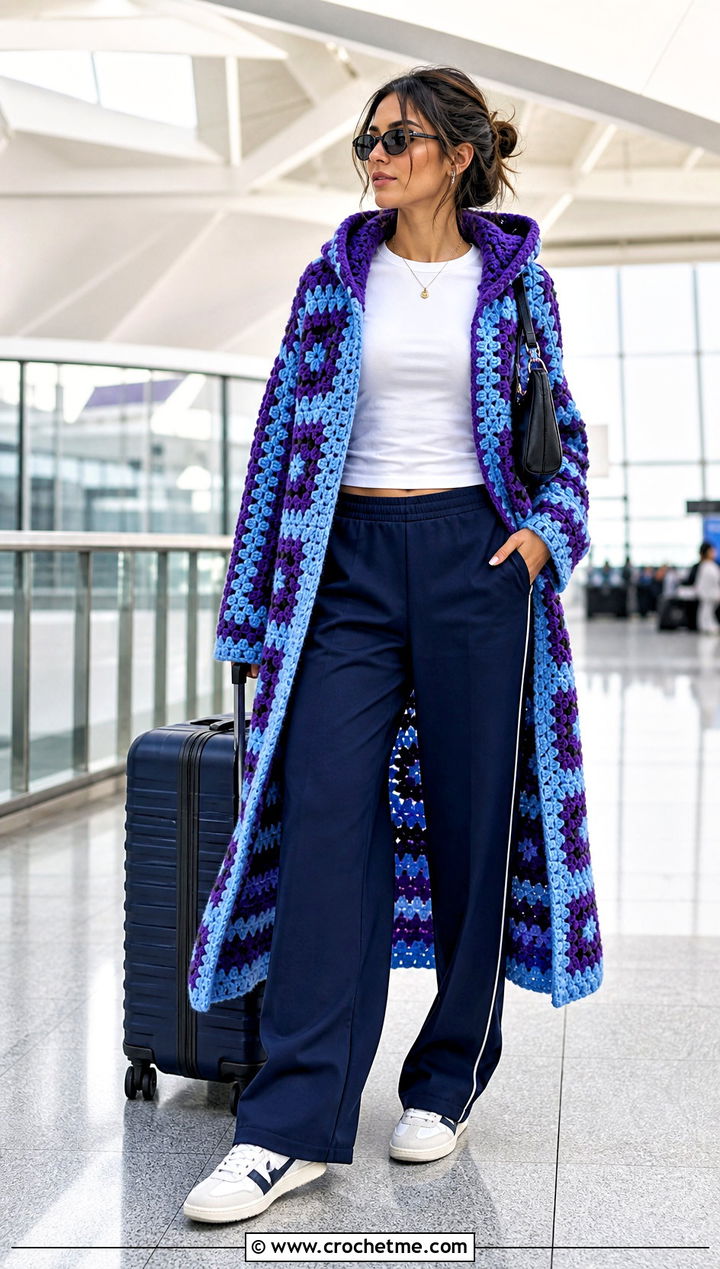 Granny Stripe Long Hooded Cardigan With Track Pants - 25 crochet long hooded cardigan outfit ideas