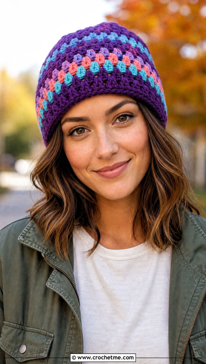 Granny Stripe Magic Circle Crochet Beanie With Utility Jacket - 25 Crochet Beanie Magic Circle outfit ideas
