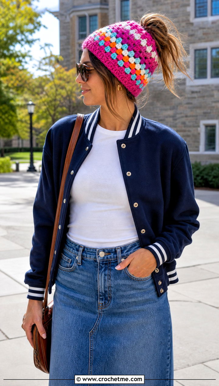 Granny Stripe Messy Bun Crochet Hat With Varsity Jacket - 25 Messy Bun Crochet Hat outfit ideas