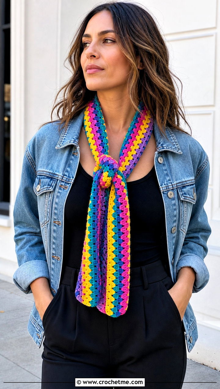 Granny Stripe Narrow Crochet Scarf With Denim Jacket - 25 Narrow Crochet Scarf outfit ideas