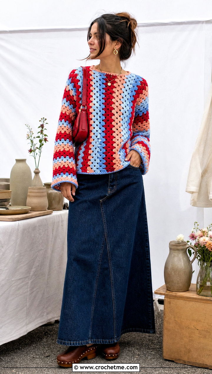 Granny Stripe One Panel Crochet Sweater With Denim Maxi Skirt - 30 One Panel Crochet Sweater outfit ideas
