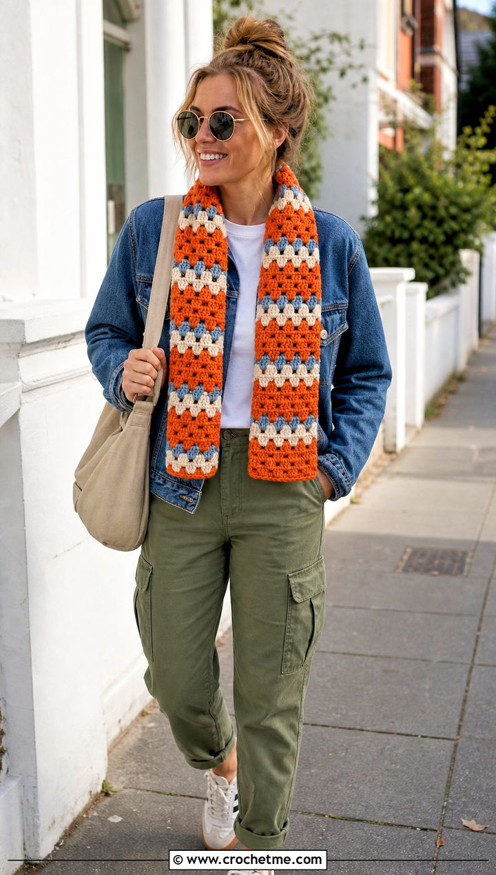 Granny Stripe One Row Repeat Crochet Scarf With Denim Jacket - 20 one row repeat crochet scarf outfit ideas
