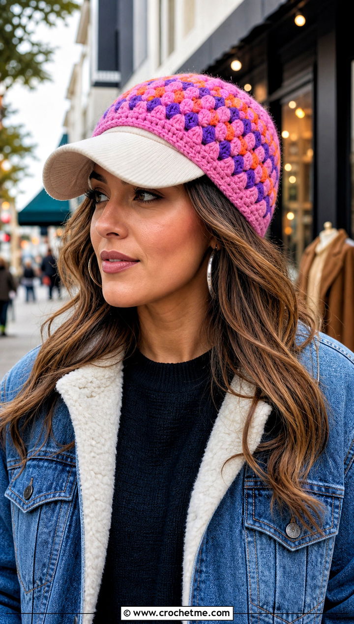 Granny Stripe Over the Cap Ear Warmer With Denim Jacket - 20 crochet baseball cap ear warmer outfit ideas