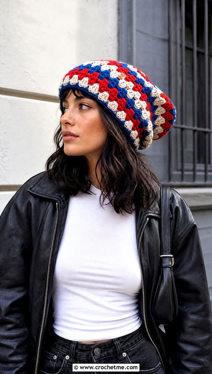 Granny Stripe Oversized Crochet Beanie With Leather Jacket - 15 Oversized Crochet Beanie outfit ideas