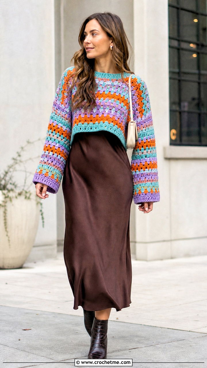 Granny Stripe Patchwork Crochet Sweater With Slip Dress - 35 patchwork crochet sweater outfit ideas