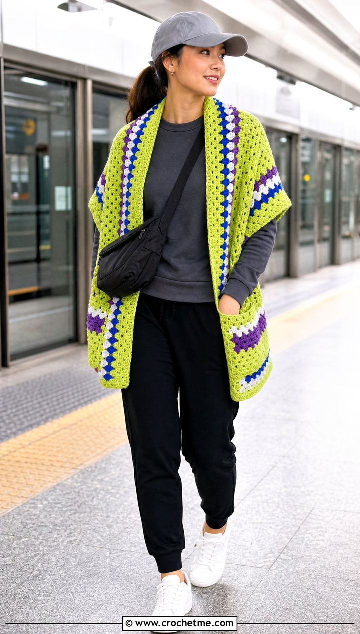 Granny Stripe Pocket Shawl With Track Pants - 25 Crochet Pocket Scarf Shawl outfit ideas