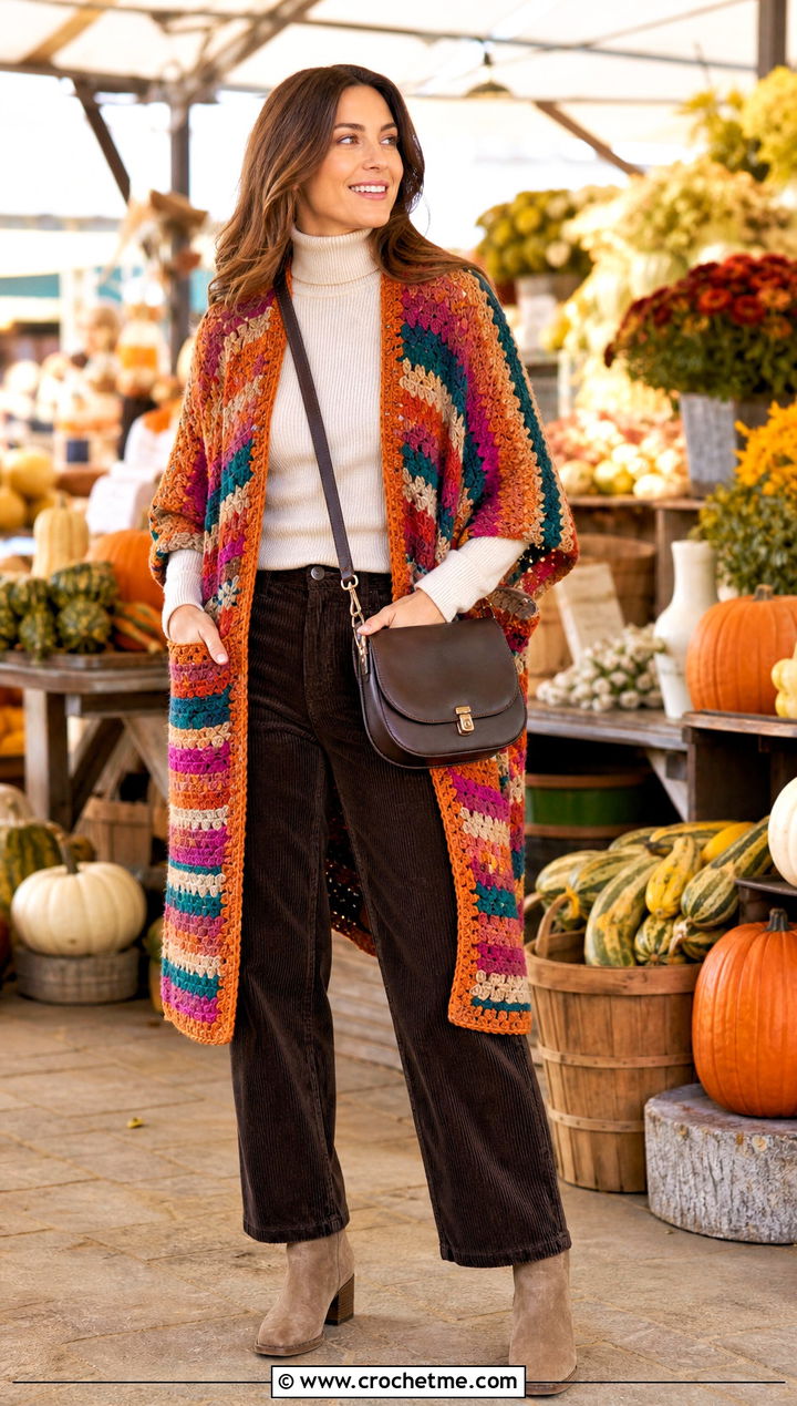 Granny Stripe Pocket Wrap With Corduroy Pants - 35 crochet wrap with pockets outfit ideas