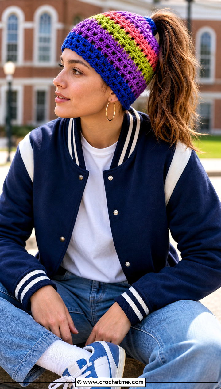 Granny Stripe Ponytail Hat With Varsity Jacket - 30 ponytail crochet hat outfit ideas