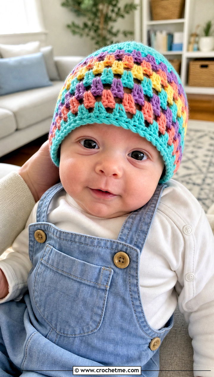 Granny Stripe Preemie Beanie With Chambray Overalls - 30 crochet premie hats outfit ideas
