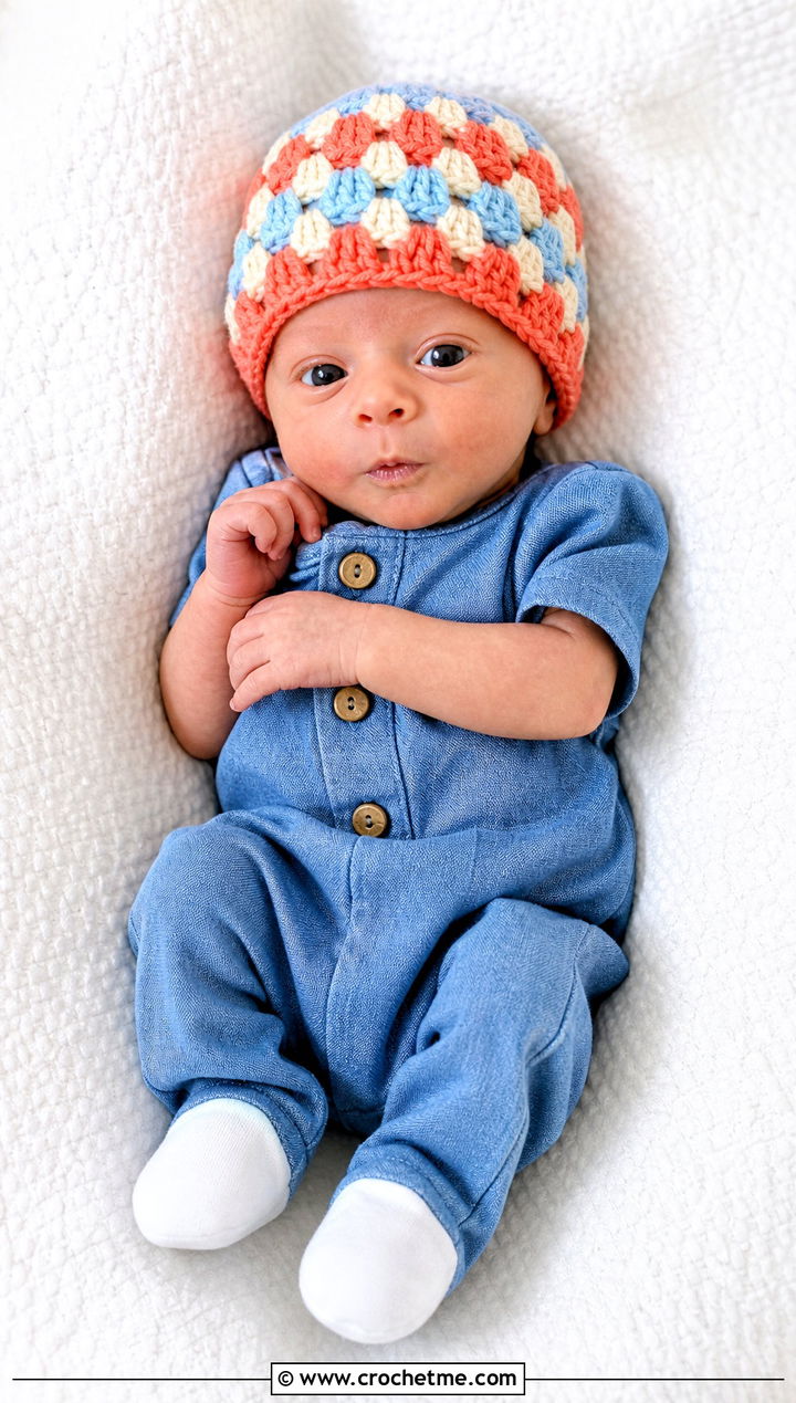 Granny Stripe Preemie Crochet Cap With Denim Look Romper - 25 premie crochet hat outfit ideas
