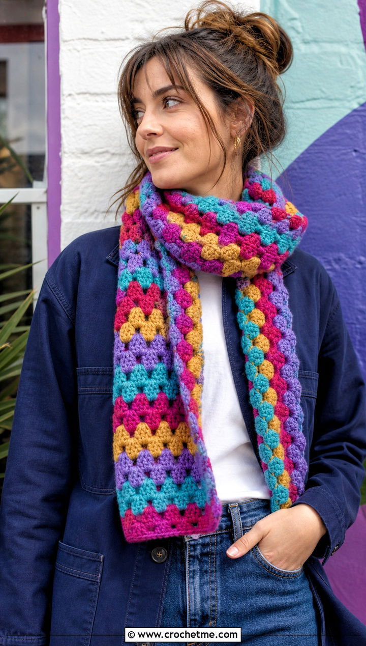 Granny Stripe Puff Scarf With Chore Jacket And Wide Leg Jeans - 15 Playful Puffs Crochet Scarf outfit ideas