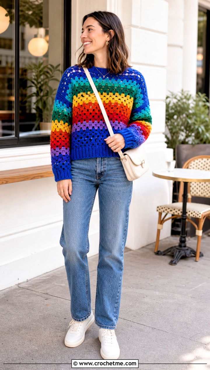 Granny Stripe Rainbow Crochet Sweater With Straight Leg Jeans - 20 Rainbow Crochet Sweater outfit ideas