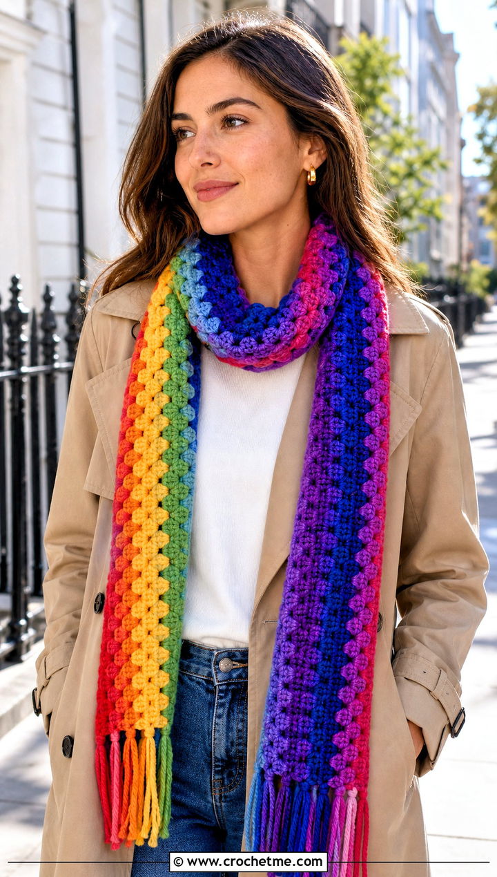 Granny Stripe Rainbow Scarf With Trench Coat And Jeans - 15 Crochet Rainbow Scarf outfit ideas