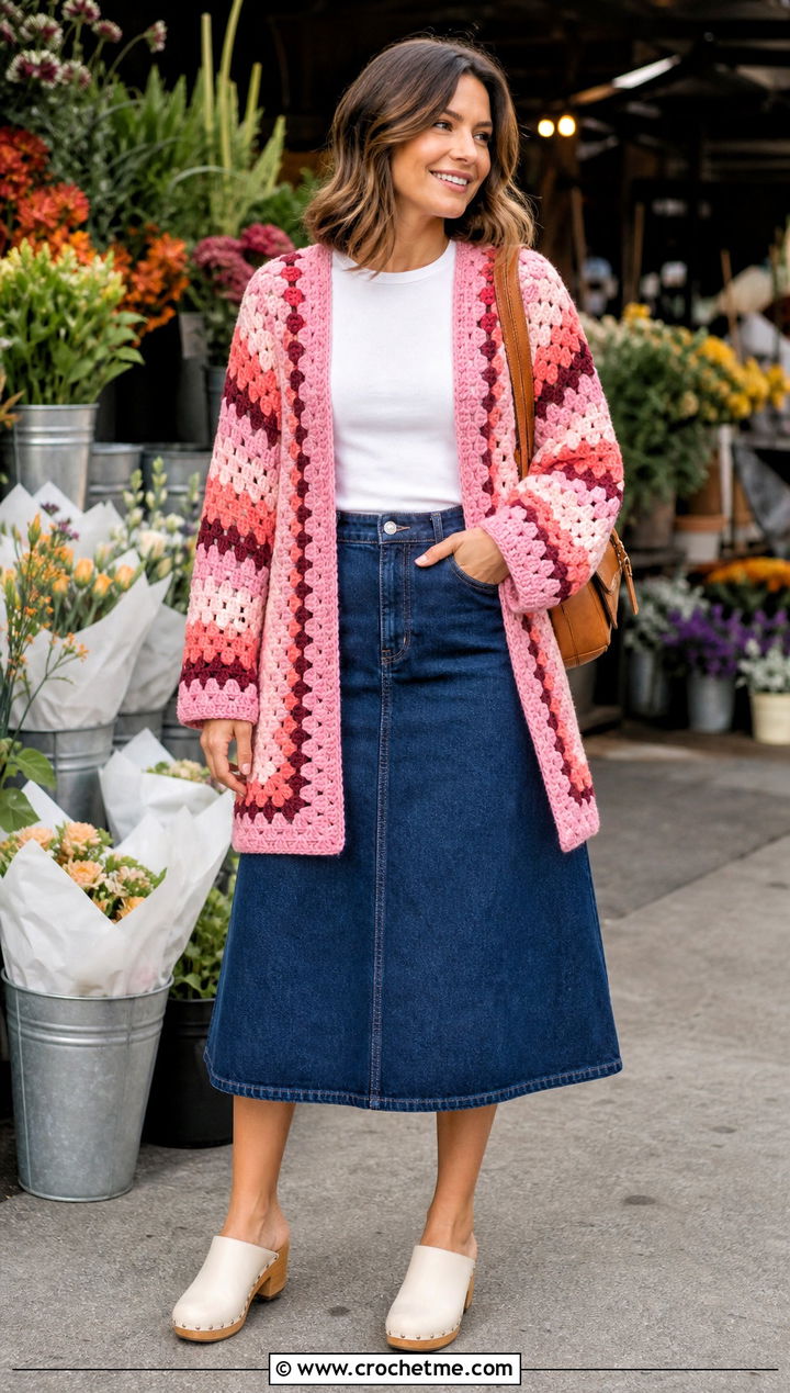 Granny Stripe Rectangle Crochet Cardigan With Denim Skirt - 20 Crochet Cardigan From Rectangle outfit ideas