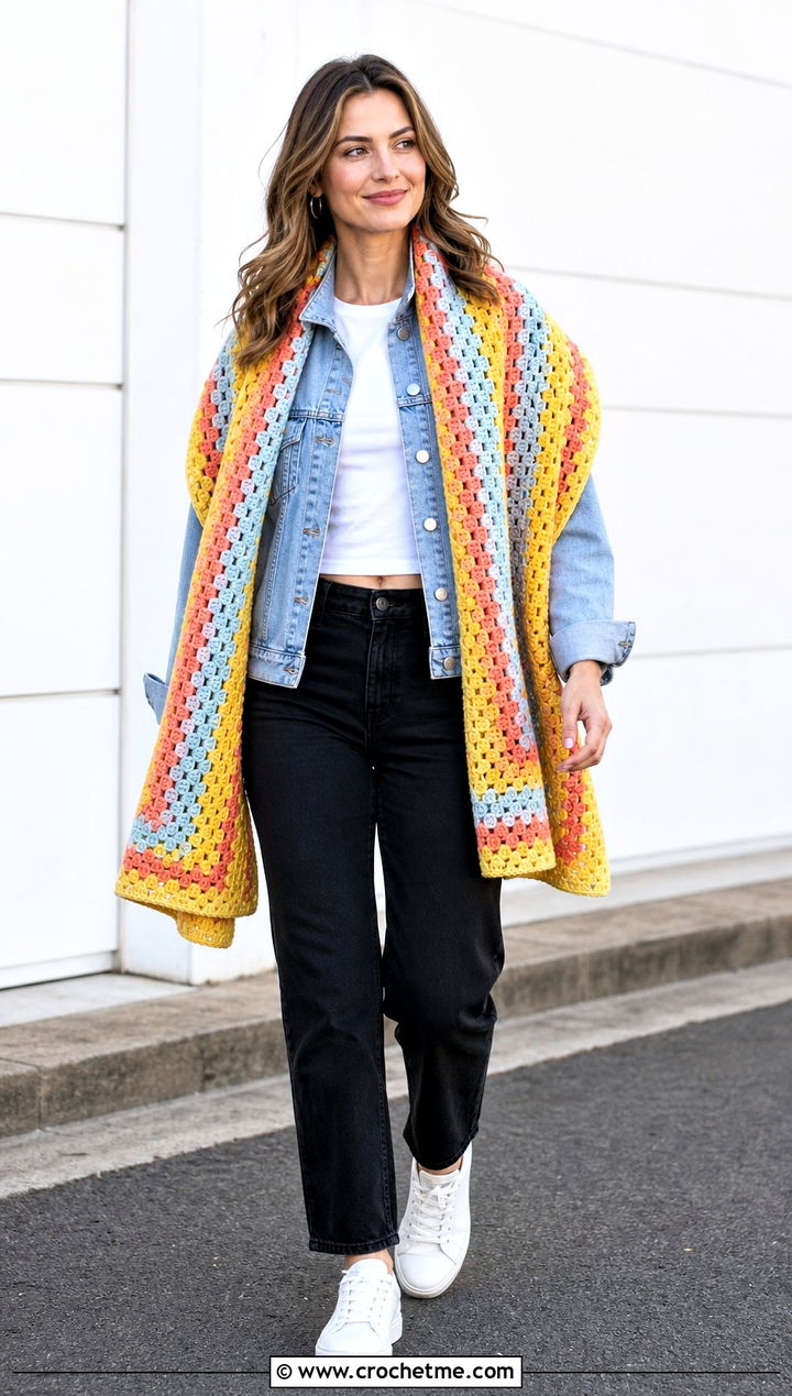 Granny Stripe Rectangle Crochet Shawl With Denim Jacket - 25 Easy Rectangle Crochet Shawl outfit ideas