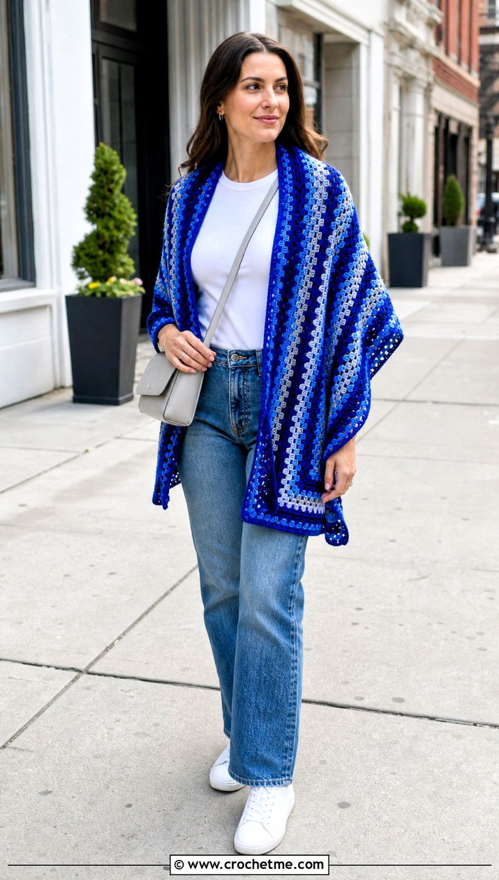 Granny Stripe Rectangle Crochet Shawl With Jeans - 20 Rectangle Crochet Shawl outfit ideas