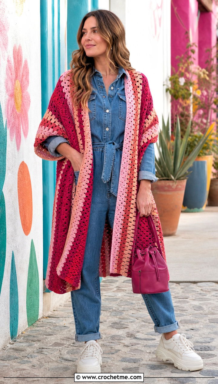 Granny Stripe Rectangle Crochet Wrap With Denim Jumpsuit - 20 Rectangle Crochet Wrap outfit ideas
