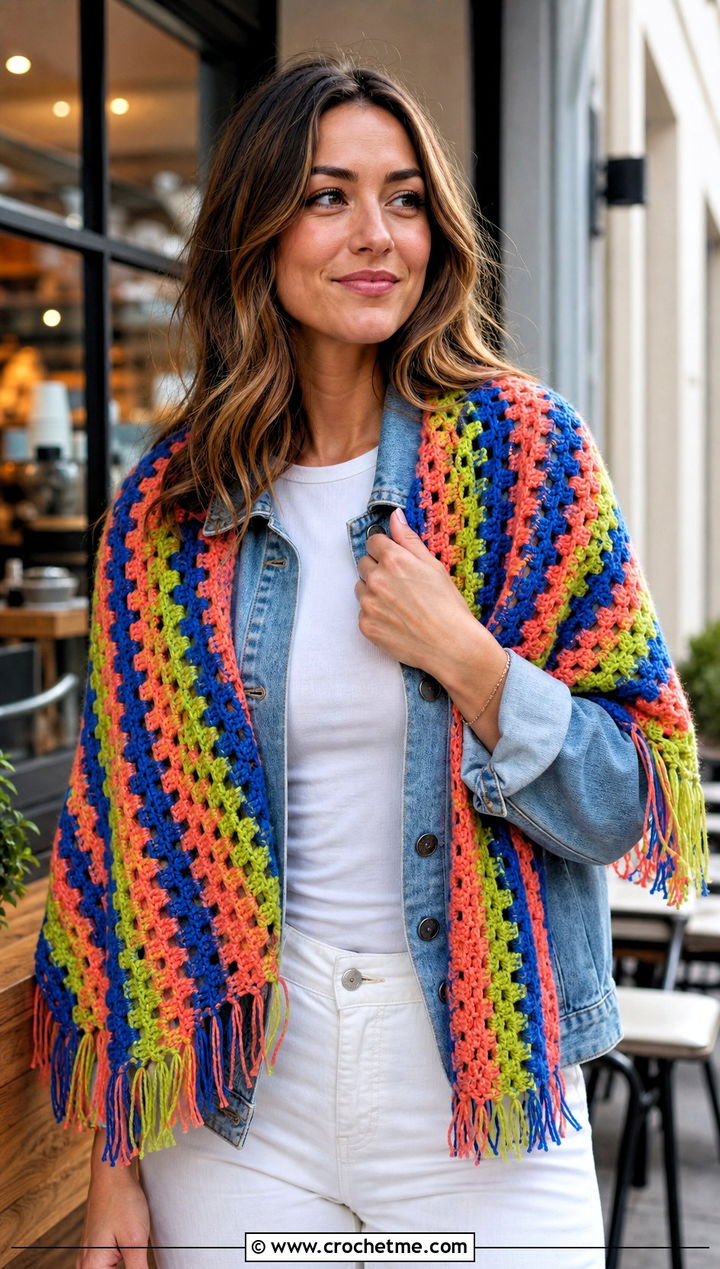 Granny Stripe Rectangular Crochet Shawl With Denim Jacket - 30 rectangular crochet shawls outfit ideas