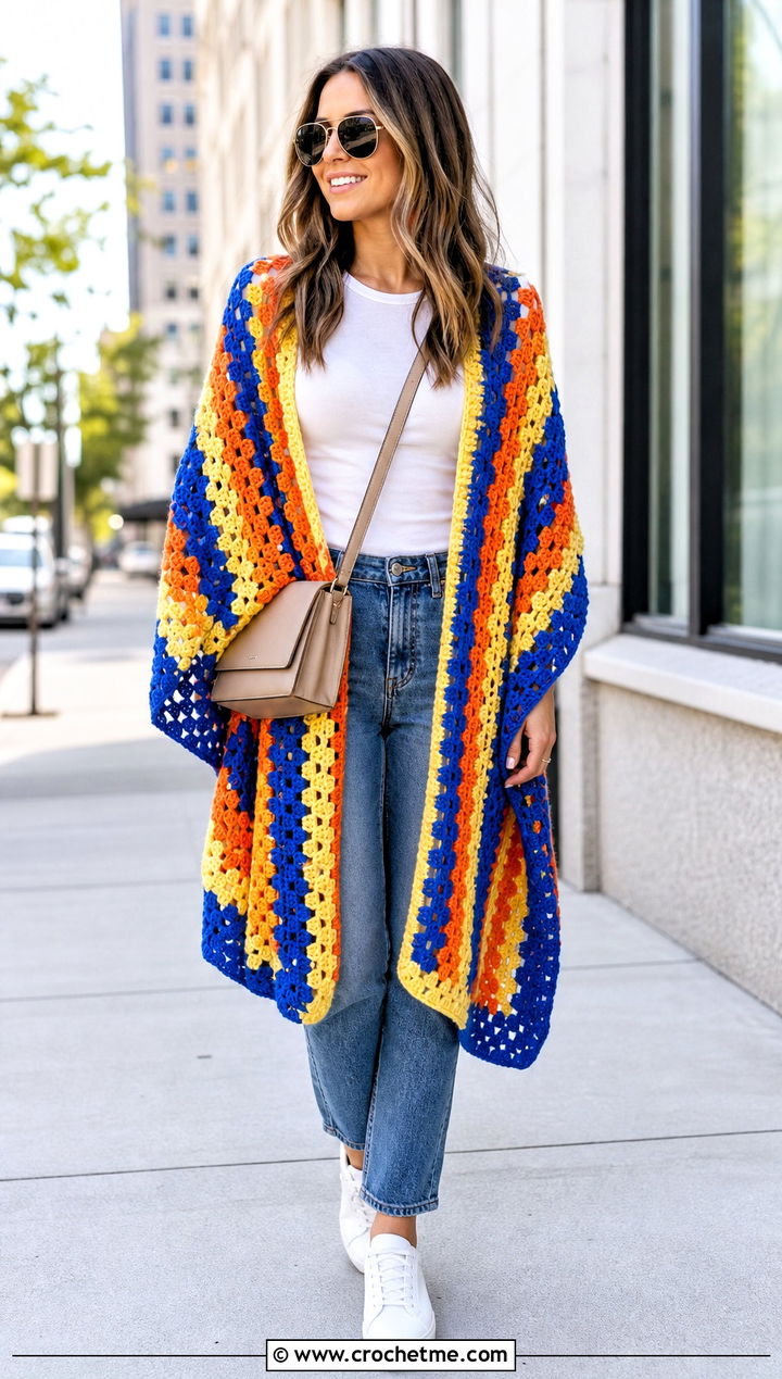 Granny Stripe Rectangular Wrap With Straight Leg Jeans - 15 Colorful Striped Crochet Wrap outfit ideas