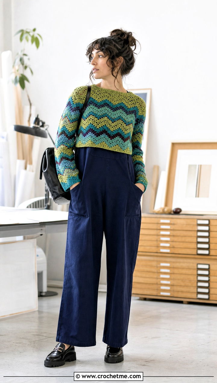 Granny Stripe Ripple Crochet Sweater With A Utility Jumpsuit - 20 Ripple Crochet Sweater outfit ideas