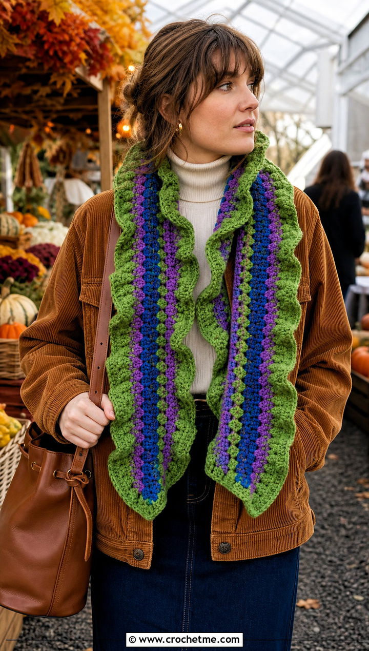Granny Stripe Ruffle Scarf With Corduroy Jacket And Denim Skirt - 30 crochet ruffle scarf outfit ideas