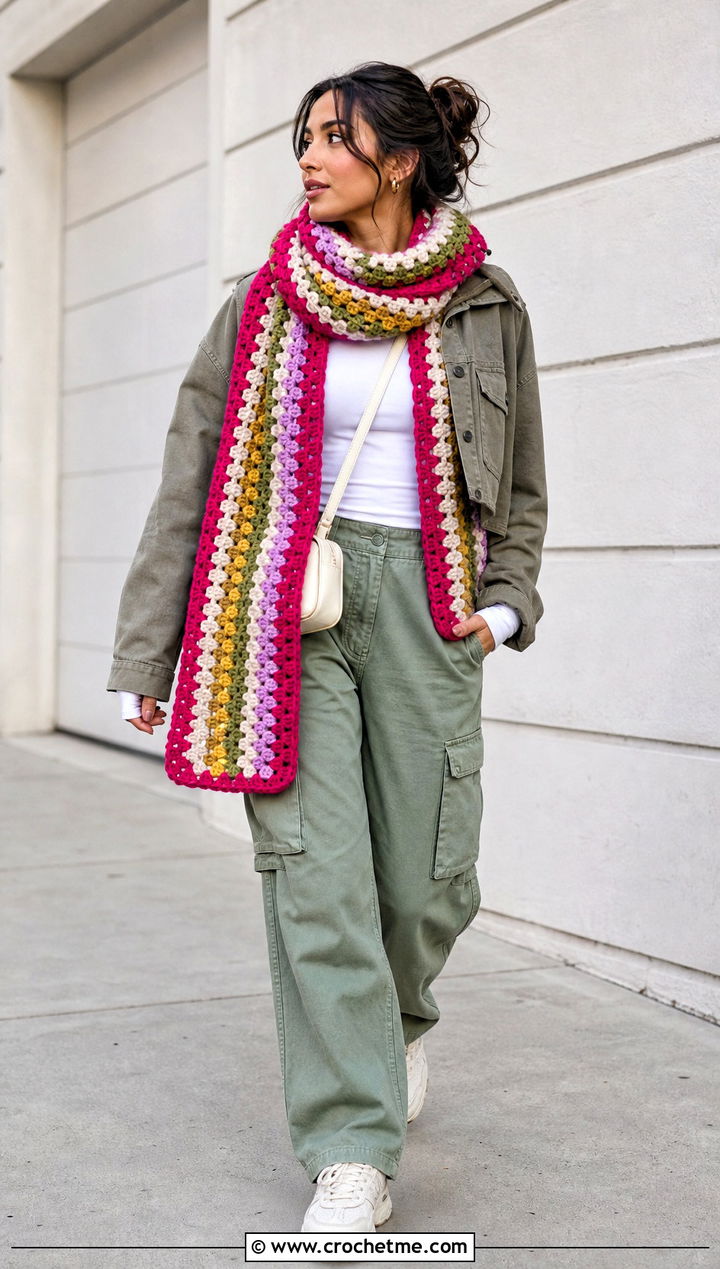 Granny Stripe Scarf With Cargo Pants - 35 crochet neck scarf outfit ideas
