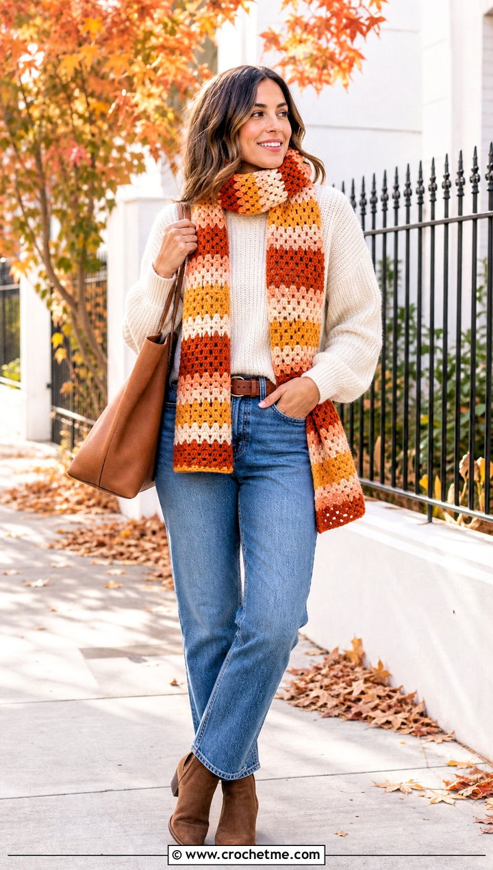 Granny Stripe Scarf With Sweater And Jeans - 35 granny crochet scarf outfit ideas