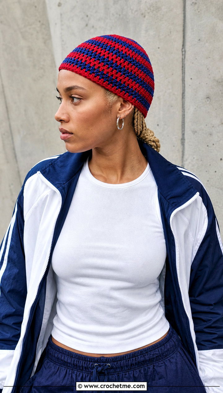 Granny Stripe Skullcap With Track Jacket And Parachute Pants - 30 crochet granny stitch hat outfit ideas